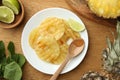 Tasty grilled pineapple slices, fresh lime and mint on wooden table, flat lay Royalty Free Stock Photo