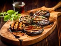 Tasty Grilled Portobello Mushroom on a plate with dressing. Herbs around. BBQ.