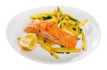 Tasty grilled salmon served with french fries Royalty Free Stock Photo