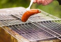 Tasty grilled sausages. Frying on brazier outdoors in the countryside at summer. Royalty Free Stock Photo