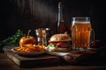 Tasty hamburger with french fries and beer on a wooden table, Delicious fast food on a wooden table with a cold drink, AI Royalty Free Stock Photo