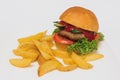 Tasty hamburger, French fries and chili sauce on white plate, Fast food with copy space Royalty Free Stock Photo