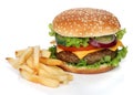 Tasty hamburger and french fries isolated