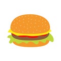 Tasty hamburger icon with meat, tomato, salad and cheese.