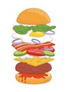 Tasty hamburger with layers or ingredients isolated on white background - buns, fried egg, vegetables, cheese, mushrooms