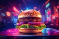 Tasty Hamburger on Neon Light Background