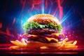 Tasty Hamburger on Neon Light Background