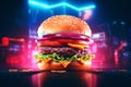 Tasty Hamburger on Neon Light Background