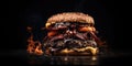 Tasty hamburger with stacked burger patties, cheese and dripping sauce on a dark moody background and flames, AI generated