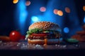 Tasty hamburger on a table with blue background, ai generative illustration