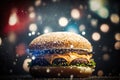 Tasty hamburger on a table with bokeh background, ai generative illustration