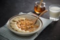 Tasty and healthy breakfast: fruits, corn flakes, milk and honey Royalty Free Stock Photo