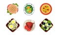 Tasty healthy dishes set, dinner table, top view vector Illustration on a white background