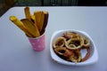 Tasty and healthy. Japanese street food. Japanese sweet potato or Satsumaimo, calamari or squid dishes