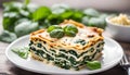 Tasty healthy portion of vegetarian spinach lasagne with tofu and pesto Royalty Free Stock Photo