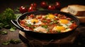 Tasty and healthy shakshuka in frying pan. Eggs poached in tomato pepper sauce