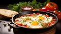 Tasty and healthy shakshuka in frying pan. Eggs poached in tomato pepper sauce