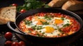 Tasty and healthy shakshuka in frying pan. Eggs poached in tomato pepper sauce