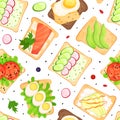 Tasty healthy toasts seamless pattern. Sandwiches with different natural ingredients repeating print for wallpaper