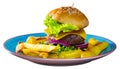 Heeseburger with beef, tomato, cheese, cucumber and french fries Royalty Free Stock Photo