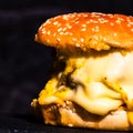 Tasty home made cheeseburger. Cheese burger with pickles, tomatoes, onion, melting cheese