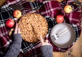 Tasty homemade apple pie Apple pie Apples Cinnamon Nuts Plate Woolen blanket Wooden background Top view Royalty Free Stock Photo