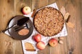 Tasty homemade apple pie Apple pie Apples Cinnamon Plate Napkin Wooden background Top view