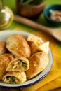 Tasty homemade baked puff pastry pies stuffed with chicken, cheese and pepper on green background close-up.healthy eating concept