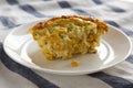 Tasty Homemade Cheddar Corn Pudding Casserole on a white plate, side view. Close-up