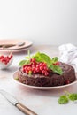 Tasty homemade chocolate cake brownie decorated with red currant berries and mint on white marble table, copy space Royalty Free Stock Photo
