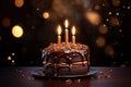 Tasty homemade chocolate pie on table. Peanut and caramel cake with chocolate topped on white plate on dark background