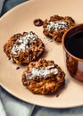 Tasty homemade Christmas cookies with chocolate and coconut, closeup.