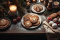 Tasty homemade Christmas cookies on the table. Gingerbread. Top view