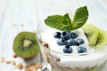 Tasty homemade granola dessert on wooden table, closeup. Healthy breakfast Royalty Free Stock Photo