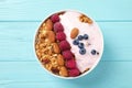 Tasty homemade granola served on blue table, top view. Healthy breakfast Royalty Free Stock Photo