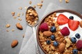 Tasty homemade granola served on grey table. Healthy breakfast Royalty Free Stock Photo