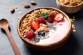 Tasty homemade granola with yogurt on grey table, closeup. Healthy breakfast Royalty Free Stock Photo