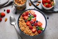 Tasty homemade granola with yogurt on table, flat lay. Healthy breakfast Royalty Free Stock Photo