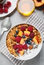 Tasty homemade granola with yogurt served on table, flat lay. Healthy breakfast Royalty Free Stock Photo