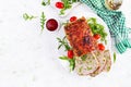 Tasty homemade ground baked chicken meatloaf with green peas and sliced broccoli Royalty Free Stock Photo