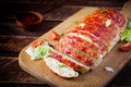 Tasty homemade ground baked turkey meatloaf with corn and slices pumpkin