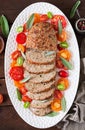 Tasty homemade ground baked turkey meatloaf on wooden table. Royalty Free Stock Photo