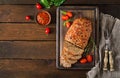 Tasty homemade ground baked turkey meatloaf on wooden table. Royalty Free Stock Photo