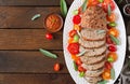 Tasty homemade ground baked turkey meatloaf on wooden table. Royalty Free Stock Photo