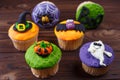 Tasty homemade Halloween cupcakes set with decorations made of c Royalty Free Stock Photo