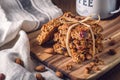 Tasty homemade oat flapjacks on a wooden board