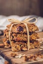 Tasty homemade oat flapjacks on a wooden board