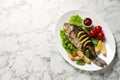 Tasty roasted crucian carp with garnish on white marble table, top view and space for text. River fish Royalty Free Stock Photo