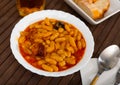 Tasty homemade stew of asturian beans with sausages. Spanish cuisine