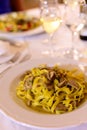 Tasty homemade tagliatelle pasta with fresh harvested boletus porcini mushrooms in creamy sauce